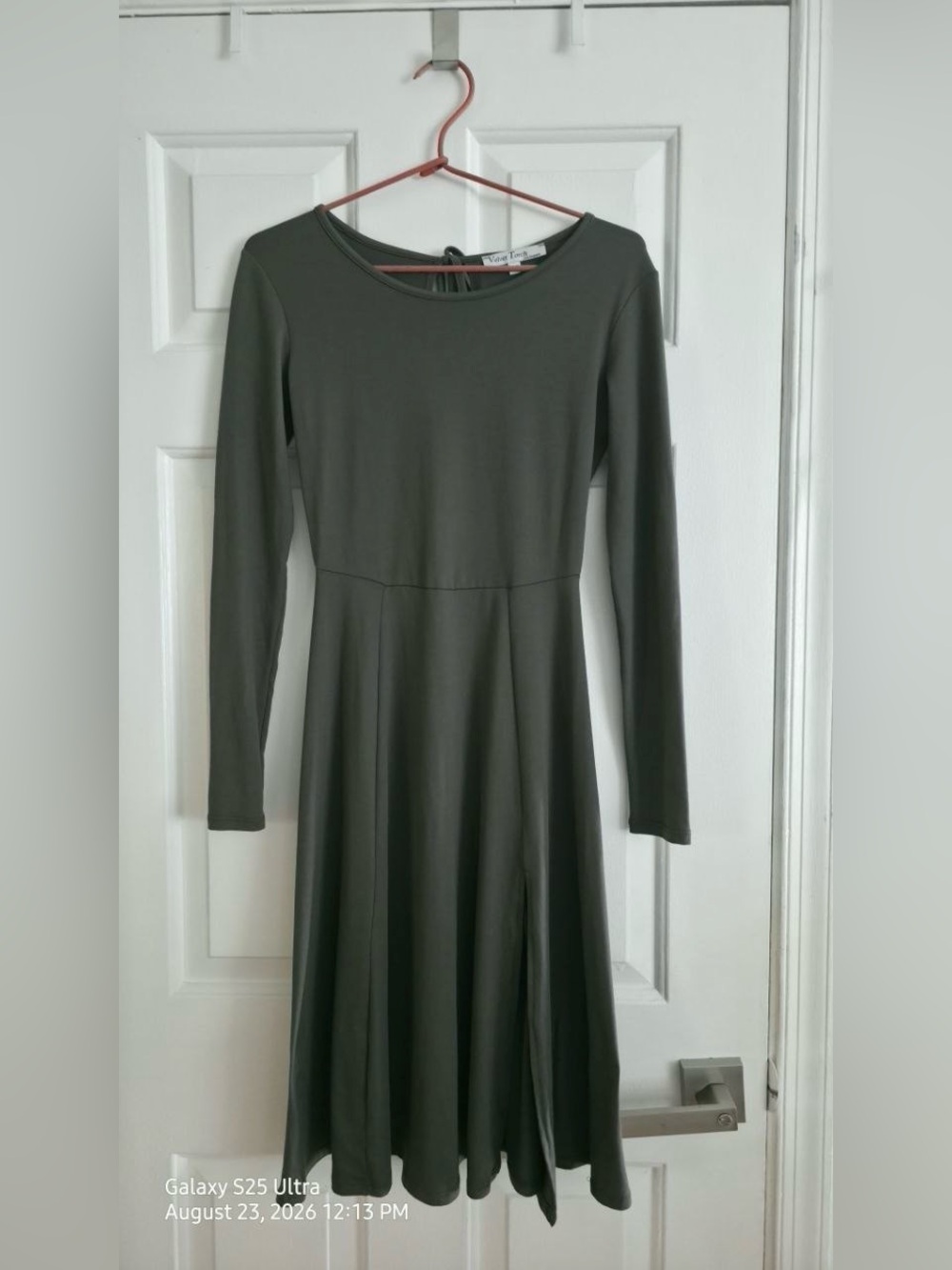 Elegant Olive Green Long Sleeve Dress with a Flared Skirt and Side Slit. Size XS